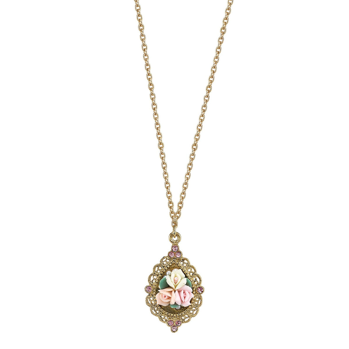 1928 Bridal Pink Crystal And Ivory And Pink Porcelain Rose Pendant Nec