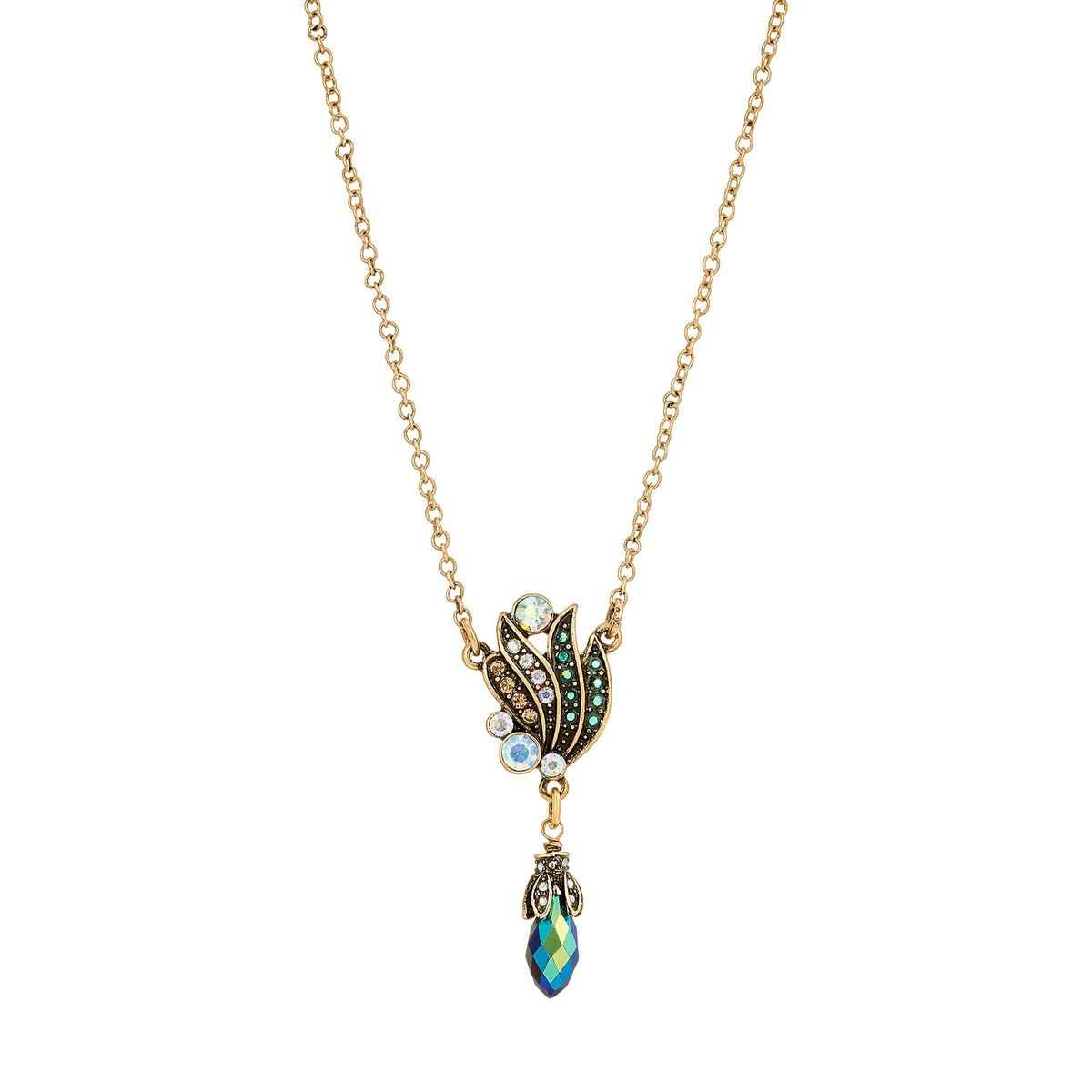 1928 Jewelry Peacock Plumage Art Nouveau Style Blue Iridescent AB Drop