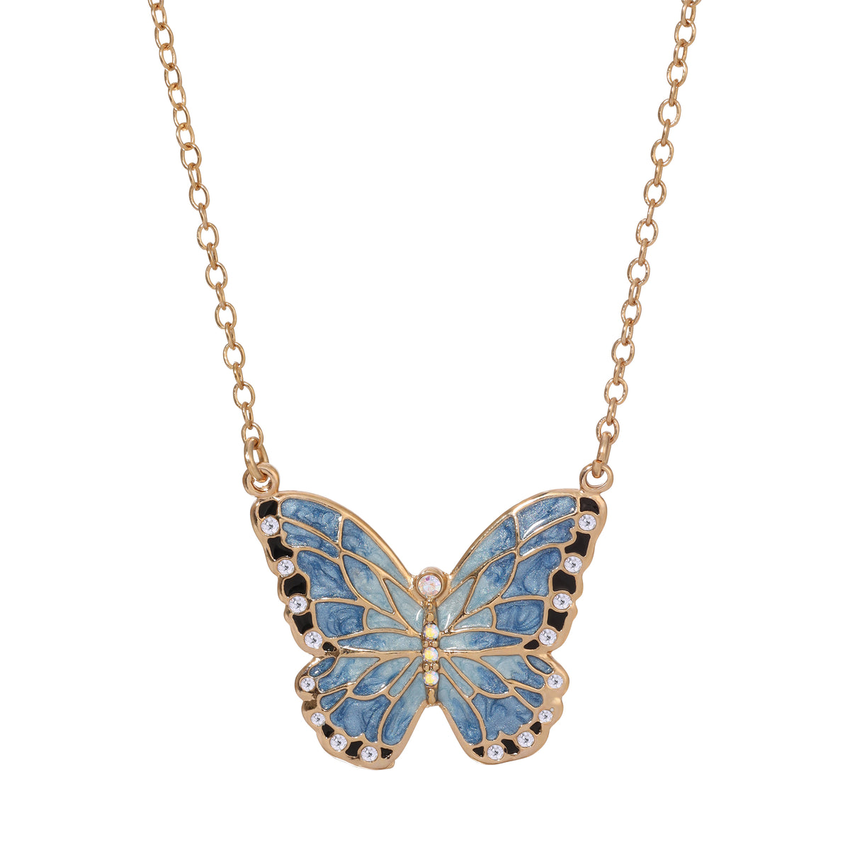 1928 Jewelry Blue Enamel Crystal Butterfly Pendant Necklace 18 + 3 E