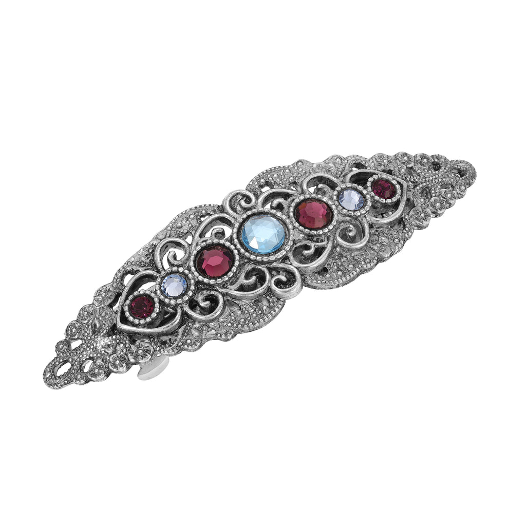 Splendor Filigree & Stones Hair Barrette With Amethyst Purple & Light Sapphire Crystals