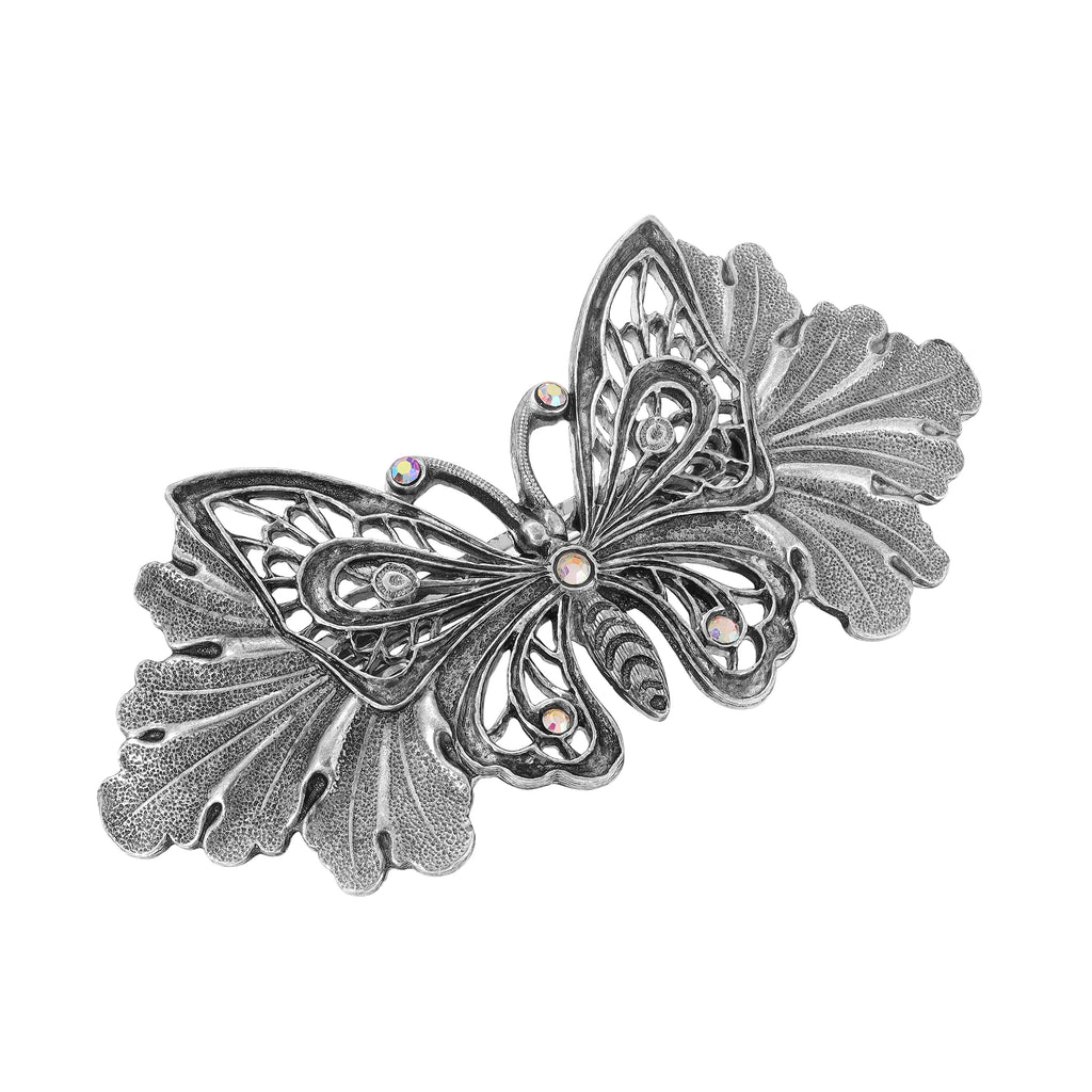 Butterfly On Leaf AB Crystal Hair Barrette