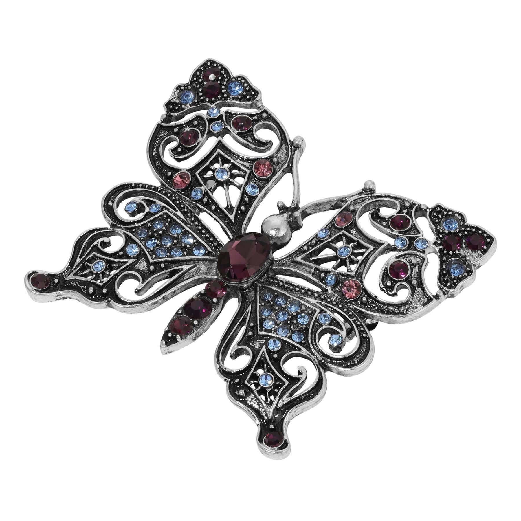 Black on sale Enamel On Silver Tone Metal Marcasite Crystal Vintage Butterfly Brooch