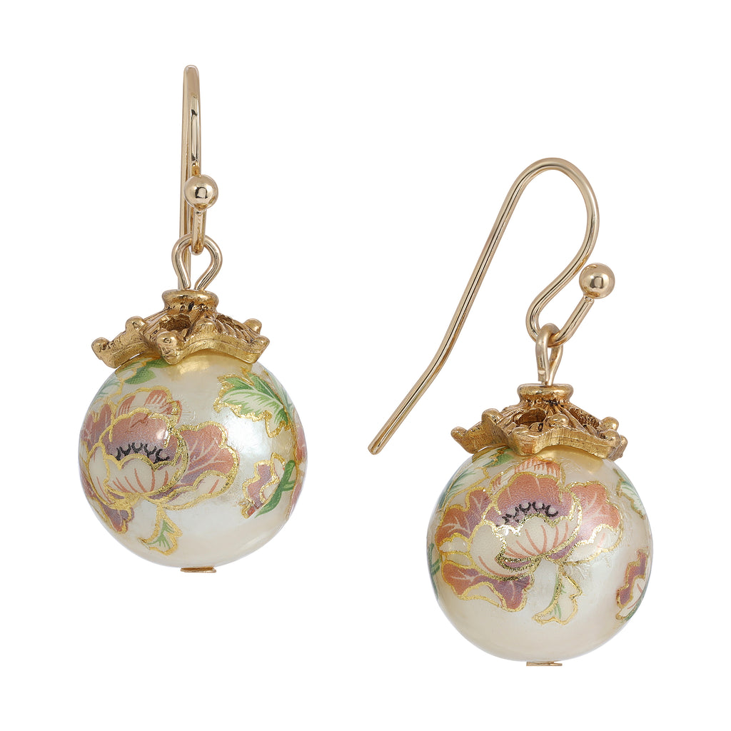 Floral Faux Pearl Decal Wire Drop Earrings