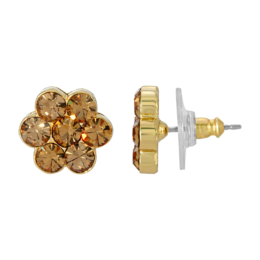 Light Topaz Brown Crystal Flower Button Earrings