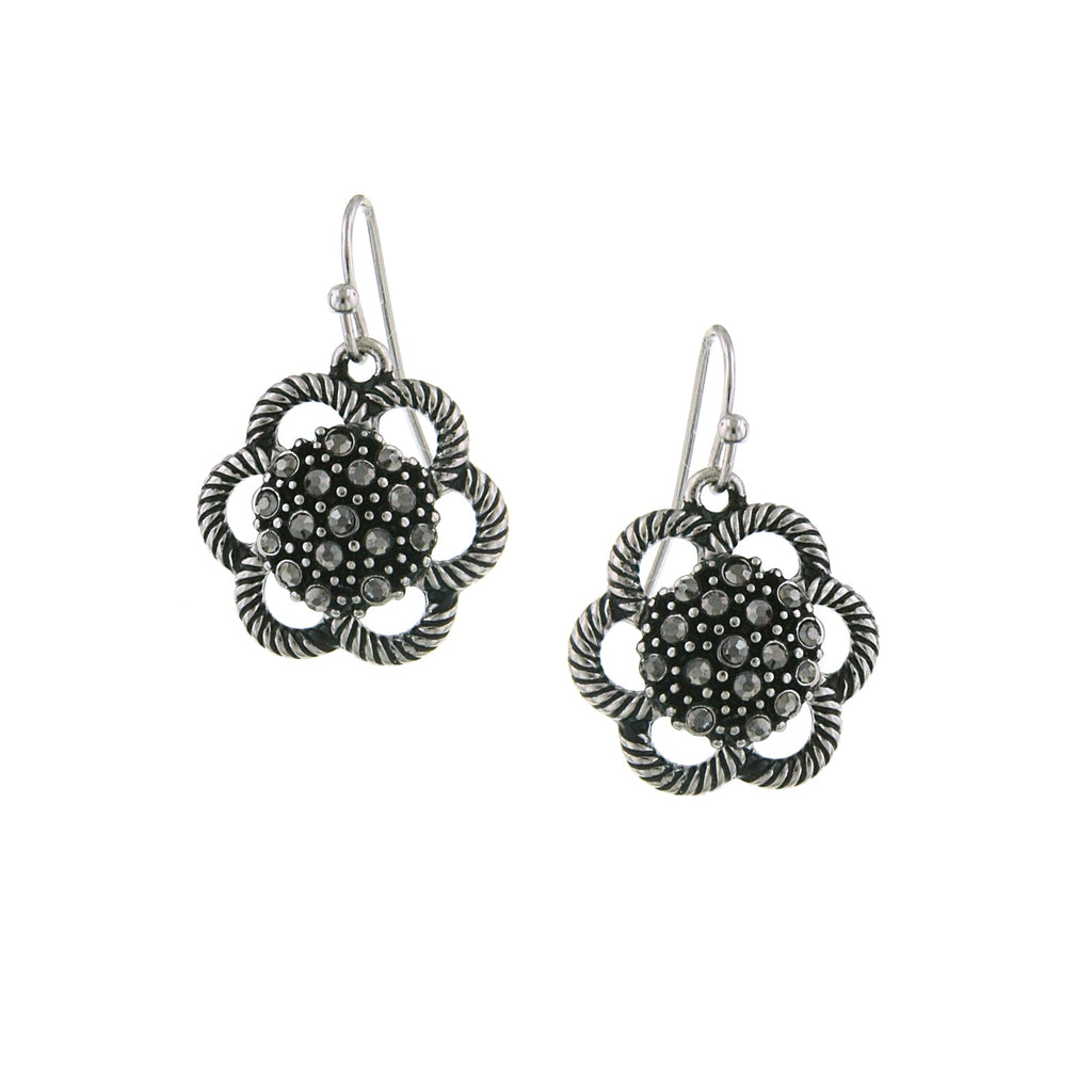 Hematite Flower Crystal Studded Drop Earrings