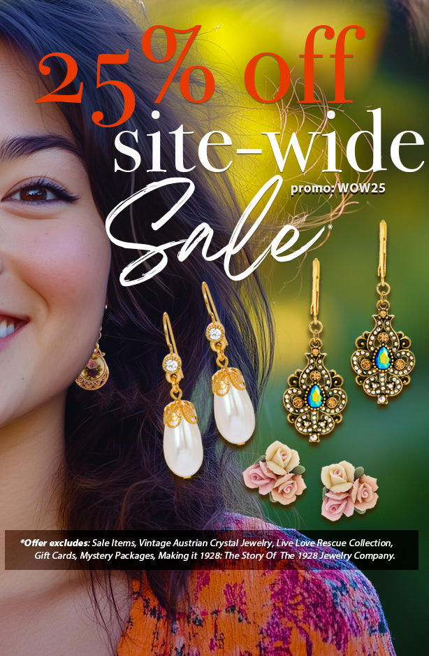 25% Off site-wide sale promo: WOW25. *Offer excludes sale items, vintage austrian crystal jewelry, live love rescue collection, gift cards, mystery packages, making it 1928: The story of the 1928 jewelry company.