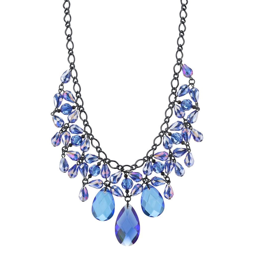 Sapphire Blue Glass Crystal Bib Statement Necklace 16" + 3" Extension