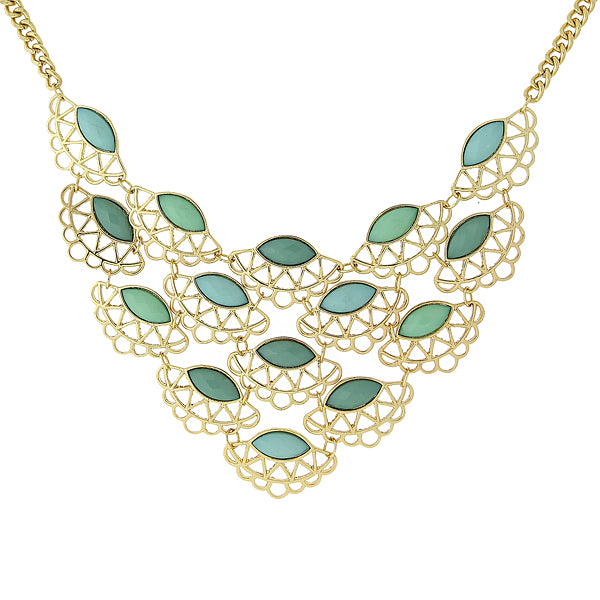 Turquoise Stone Filigree Bib Necklace 16" + 3" Extension