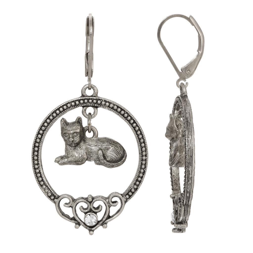 Filigree Heart & Crystal Cat Round Drop Earrings