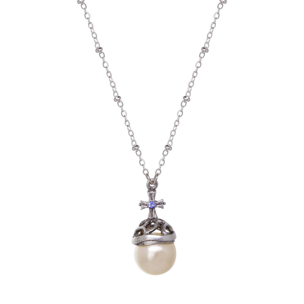 Pewter Faux Cross Pearl 16  Necklace