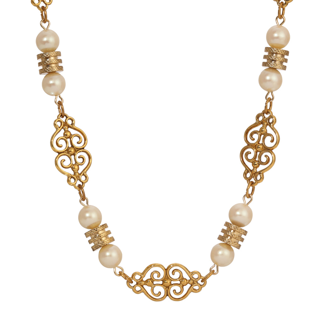 Gold Heart Filigree & Faux Pearl Link Necklace 16" + 3" Extension