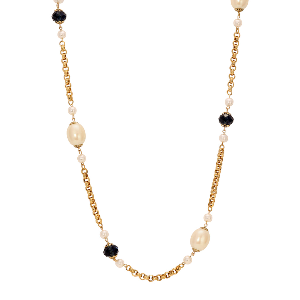 Montana Blue Crystal & Faux Pearl Gold Link Necklace 43"