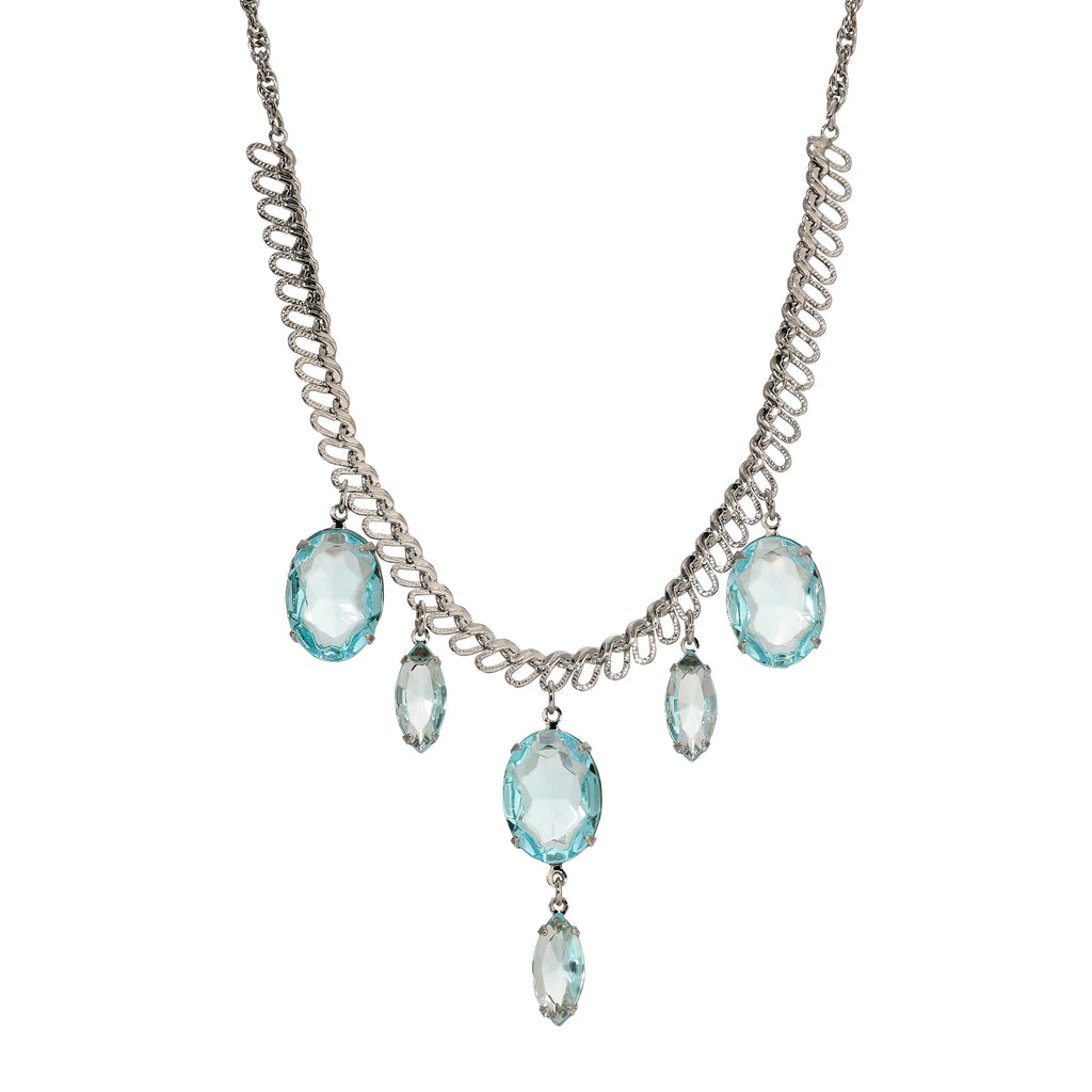 1928 Jewelry Atlantis Aqua Blue Oval Glass Crystal Drop Necklace 16" + 3" Extension