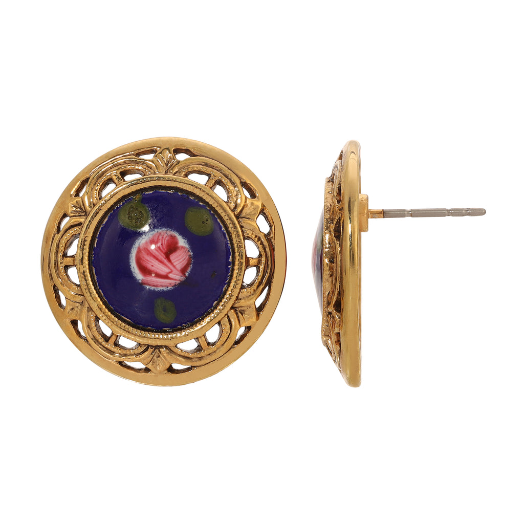 Dark Blue Artisan Pink Rosebud Round Stud Earrings