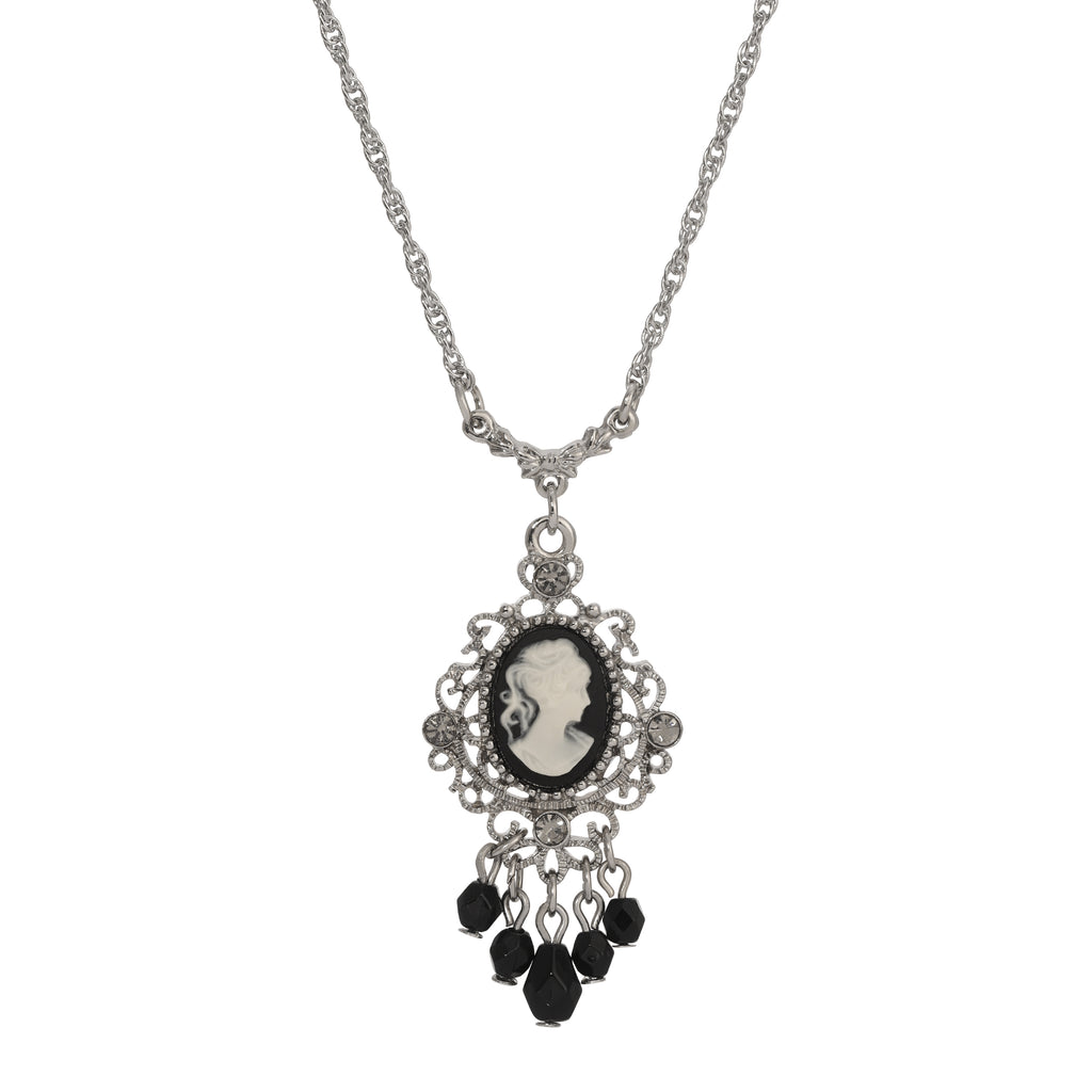 Black Diamond Crystal Cameo Drop Necklace 16" + 3" Extension