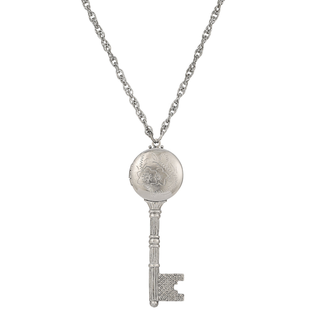 Silver 1928 Jewelry Skeleton Key Flower Pendant Photo Locket Necklace 28"