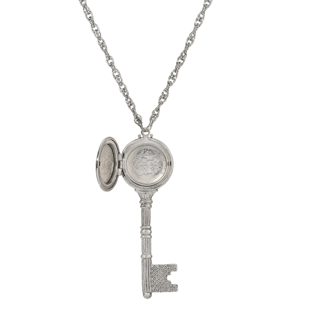 Open Silver 1928 Jewelry Skeleton Key Flower Pendant Photo Locket Necklace 28"