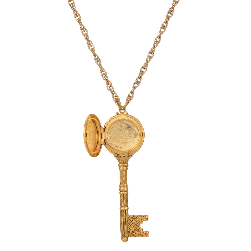 Open Gold 1928 Jewelry Skeleton Key Flower Pendant Photo Locket Necklace 28"