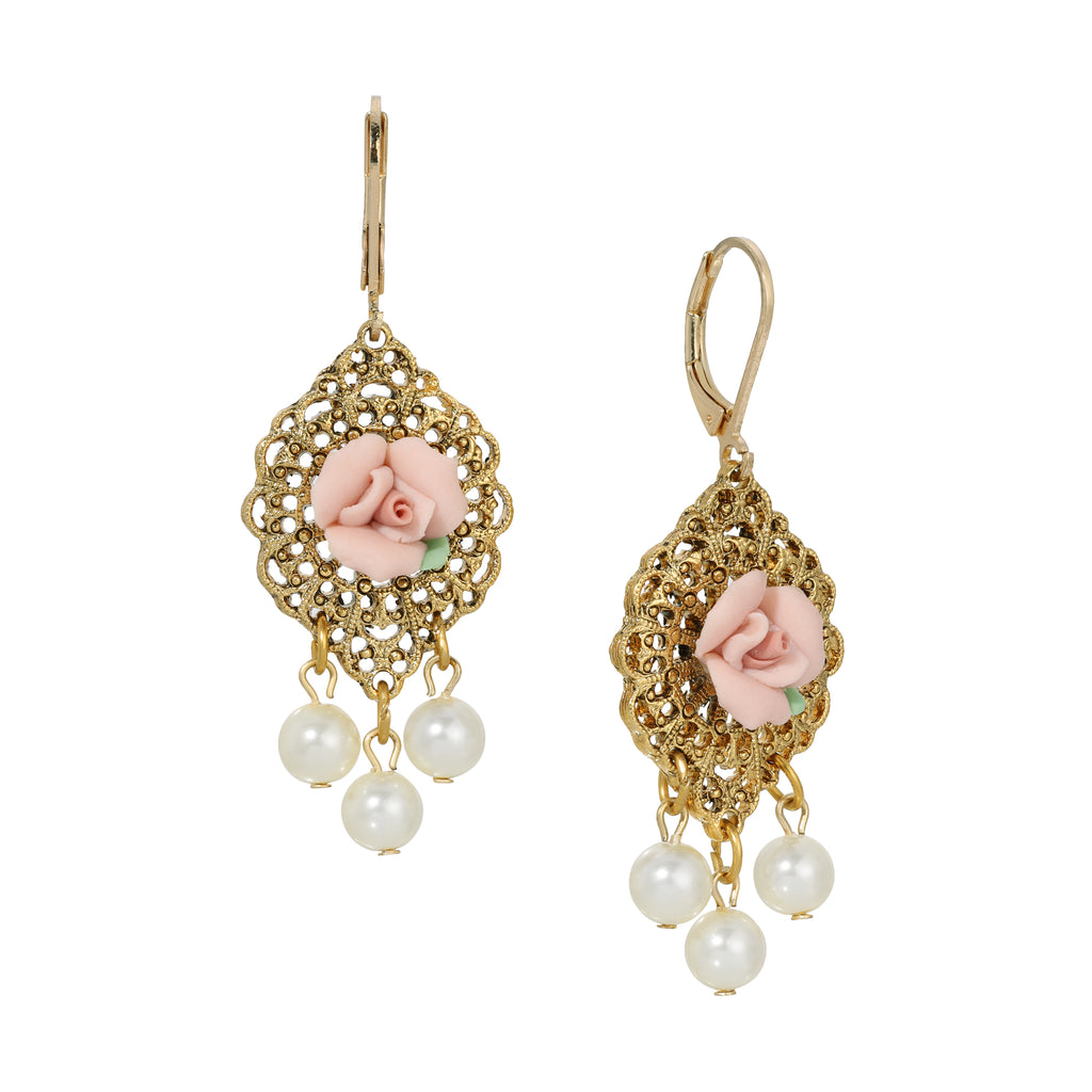 Porcelain Rose Faux Pearl Drop Earrings