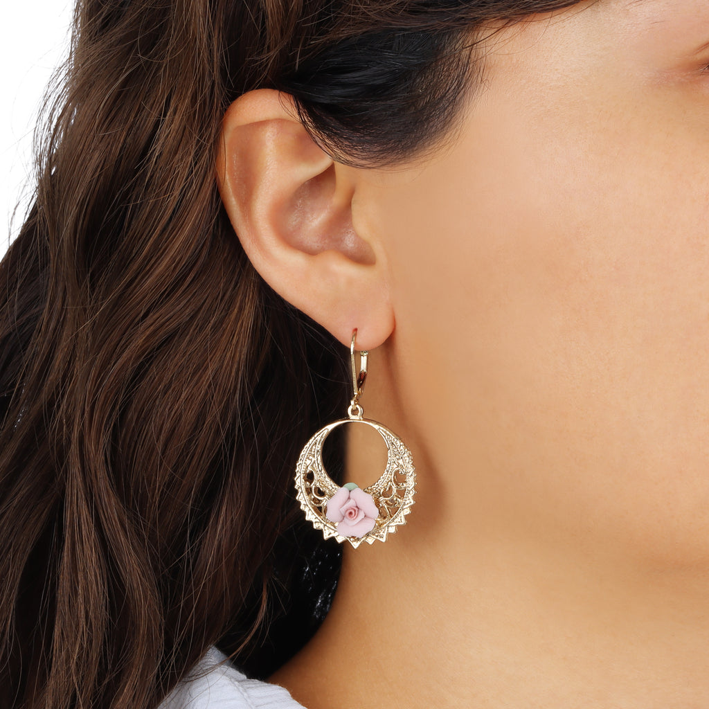 Lifestyle Pink Porcelain Rose Hoop Earrings