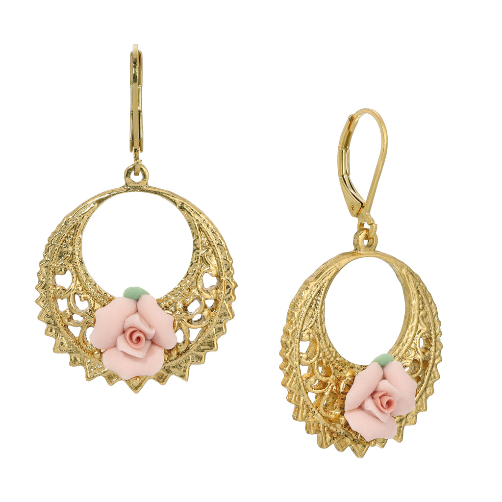 Pink Porcelain Rose Hoop Earrings