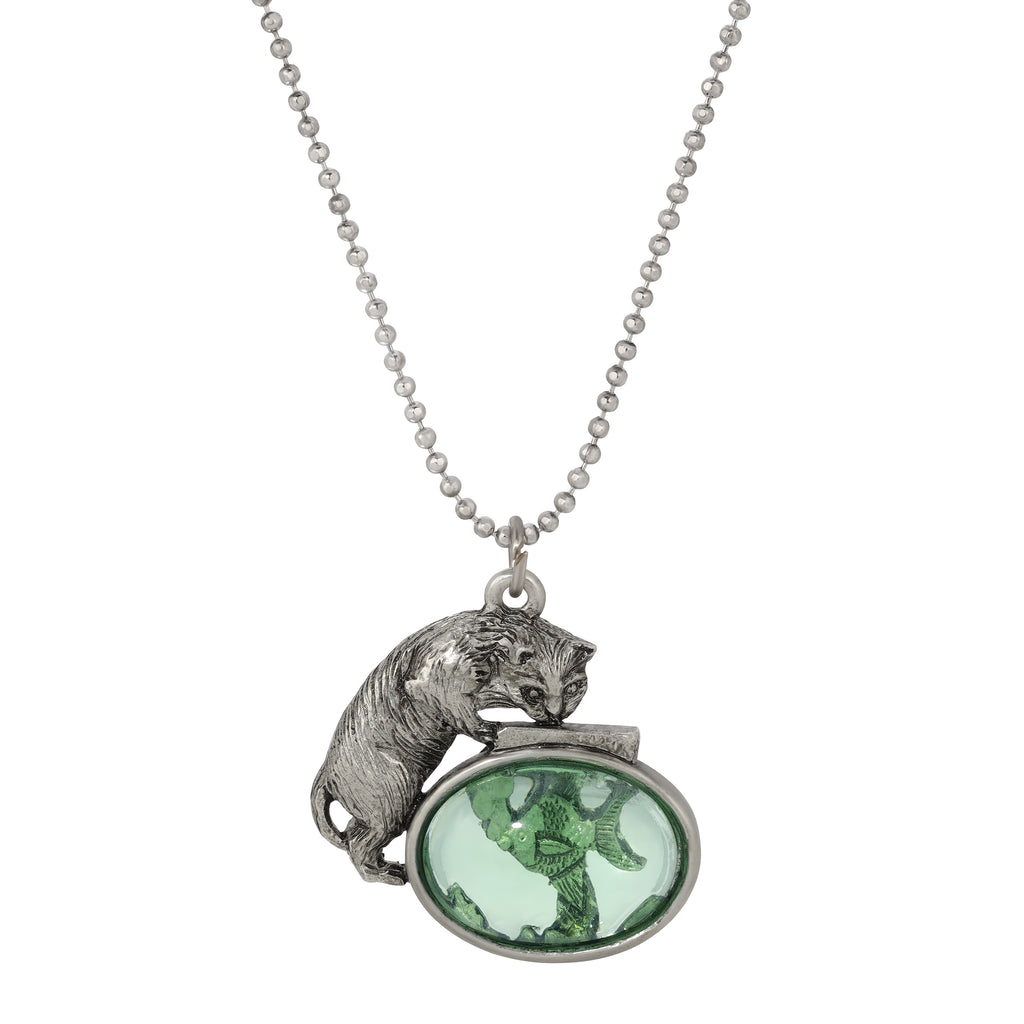 Whimsical Cat & Green Fish Pendant Ball Chain Necklace 18"