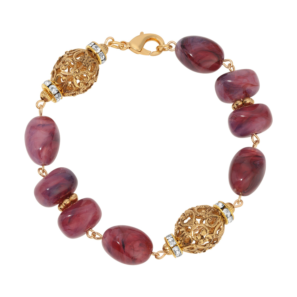 Irregular Milky Amethyst Bead & Gold Filigree Crystal Accent Bead Link Bracelet