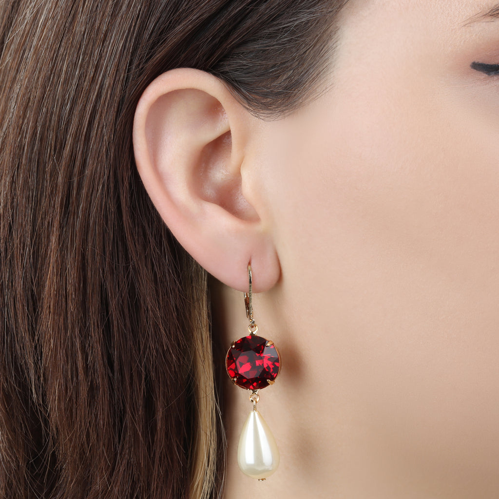 Lifestyle Siam Red Euro Crystal Faux Pearl Teardrop Dangling Earrings