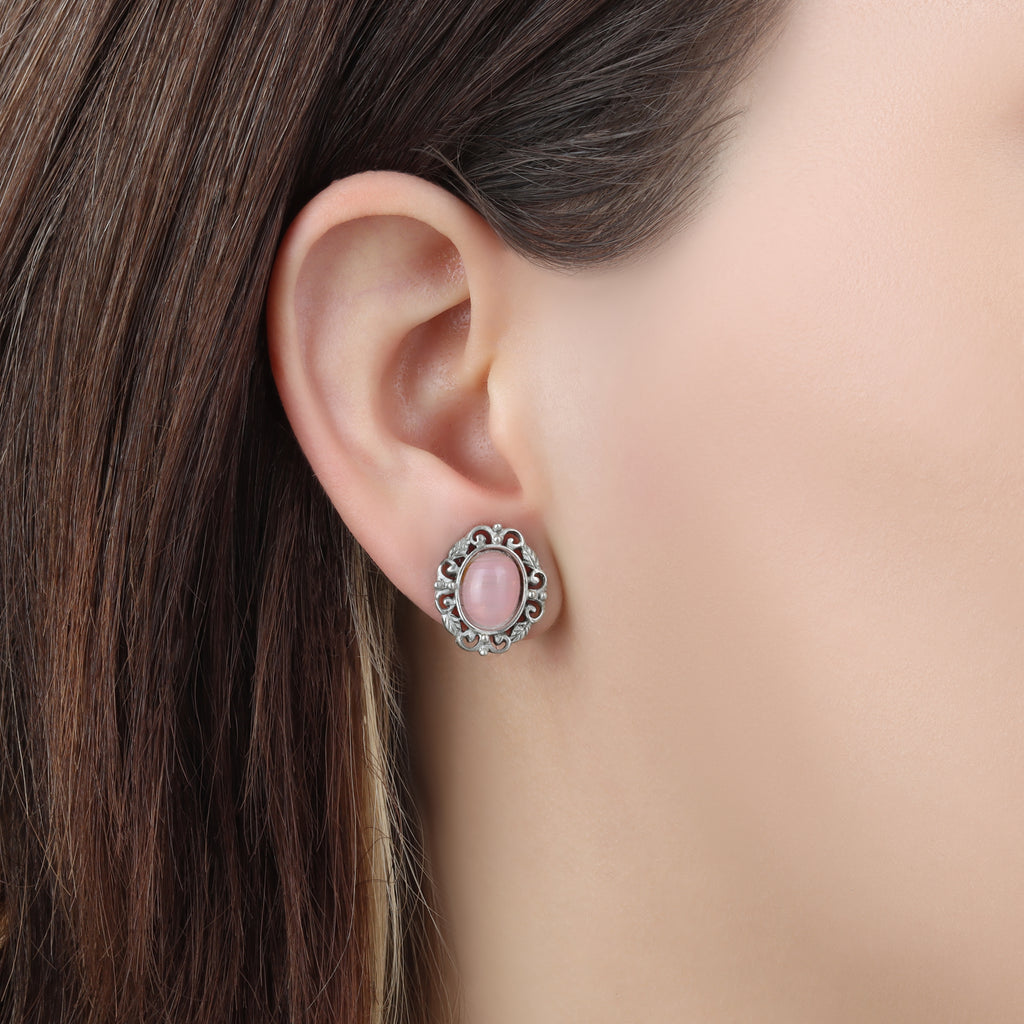 Lifestyle Roseate Paradise Oval Rose Quartz Glass Stone Filigree Leaf Stud Earrings