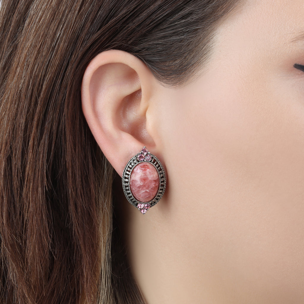 Lifestyle Roseate Paradise Oval Coral Quartz Stone & Light Rose Pink Crystal Post Earrings