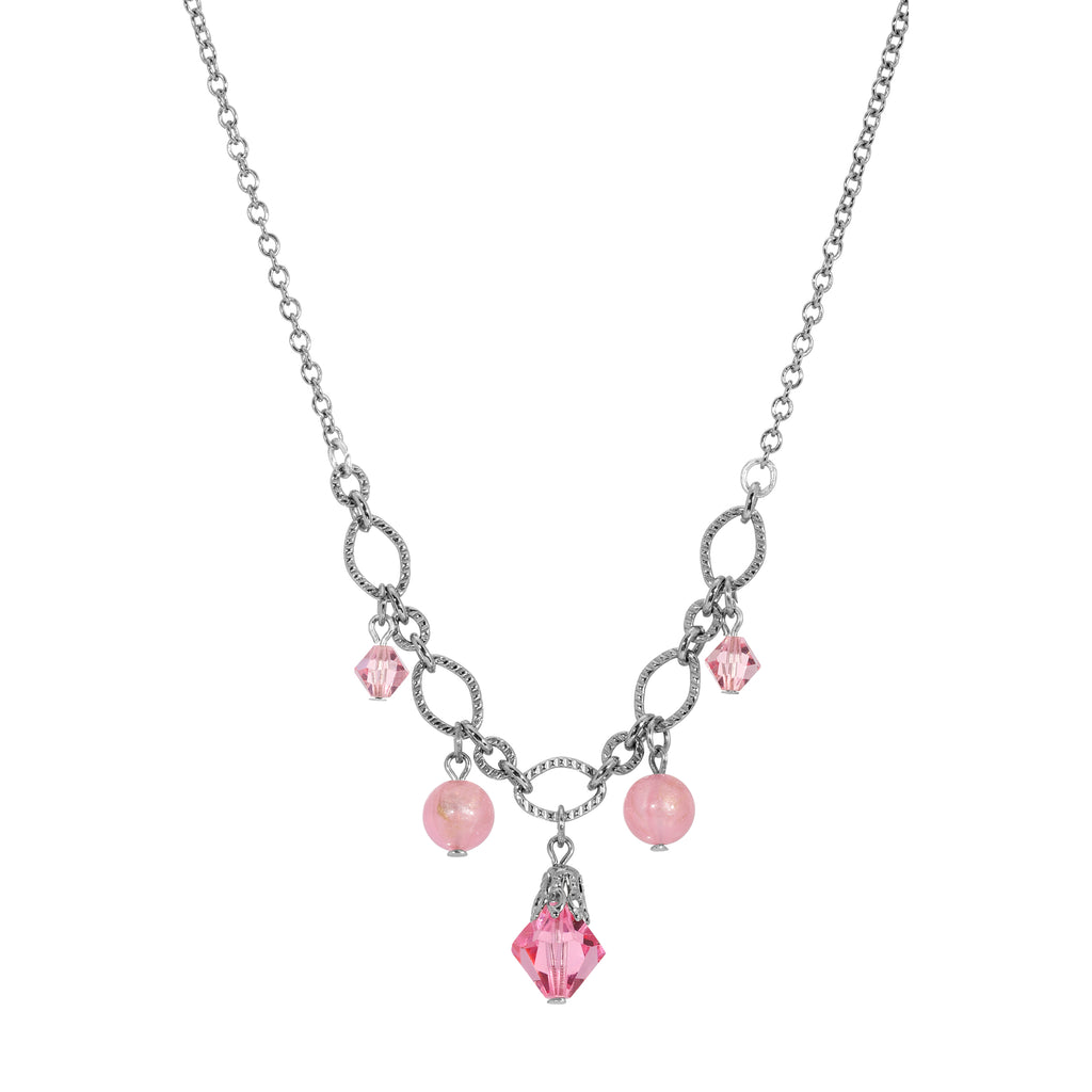 Roseate Paradise Peppermint Pink Rose Austrian Crystal Pendant Necklace 16"