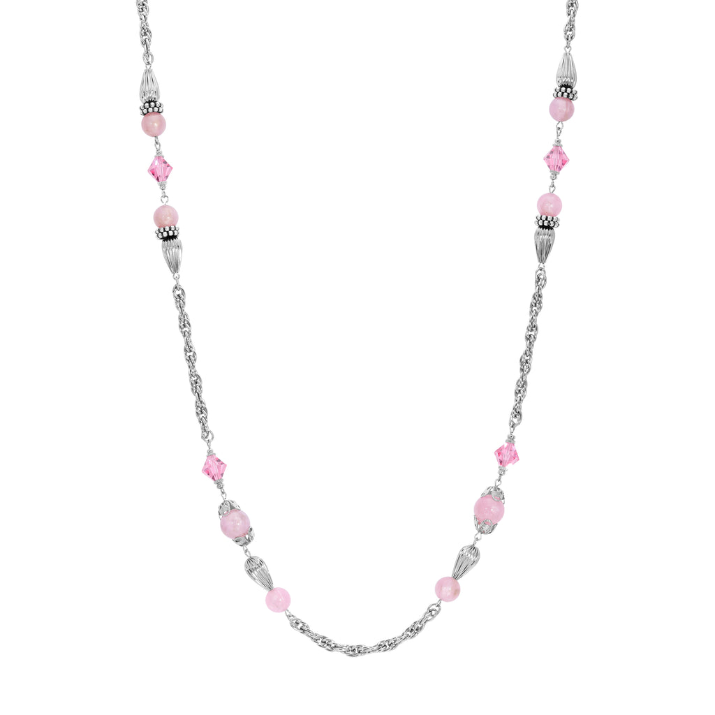 Roseate Paradise Peppermint Pink Rose Austrian Crystal Beaded Necklace 32"