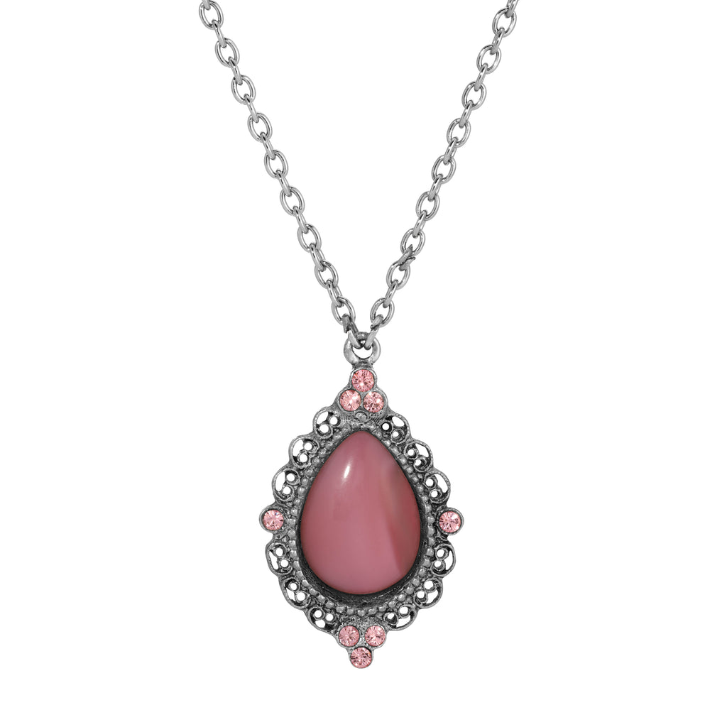 Roseate Paradise Light Rose Pink Crystal Pear Moonstone Pendant Necklace 16" + 3" Extender