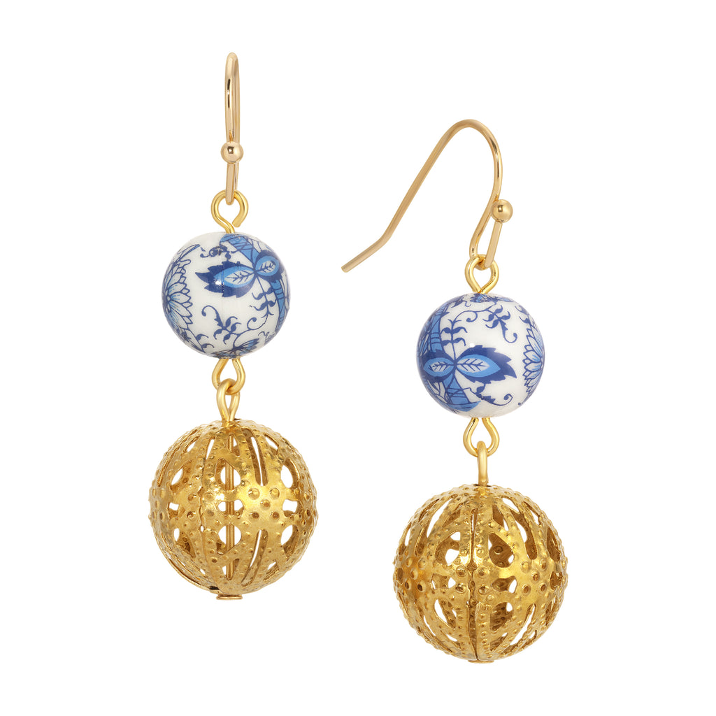 Blue Willow Round Gold Filigree Dangling Earrings