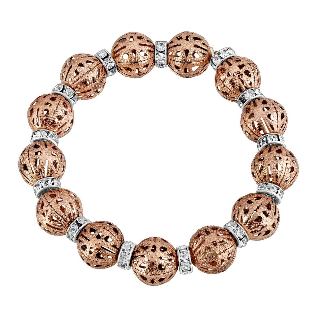 Puffed Filigree Bead Rondelle Crystal Stretch Bracelet