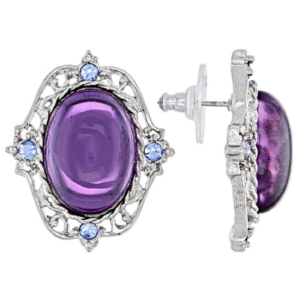 Oval Amethyst Stone & Light Sapphire Crystal Post Earrings