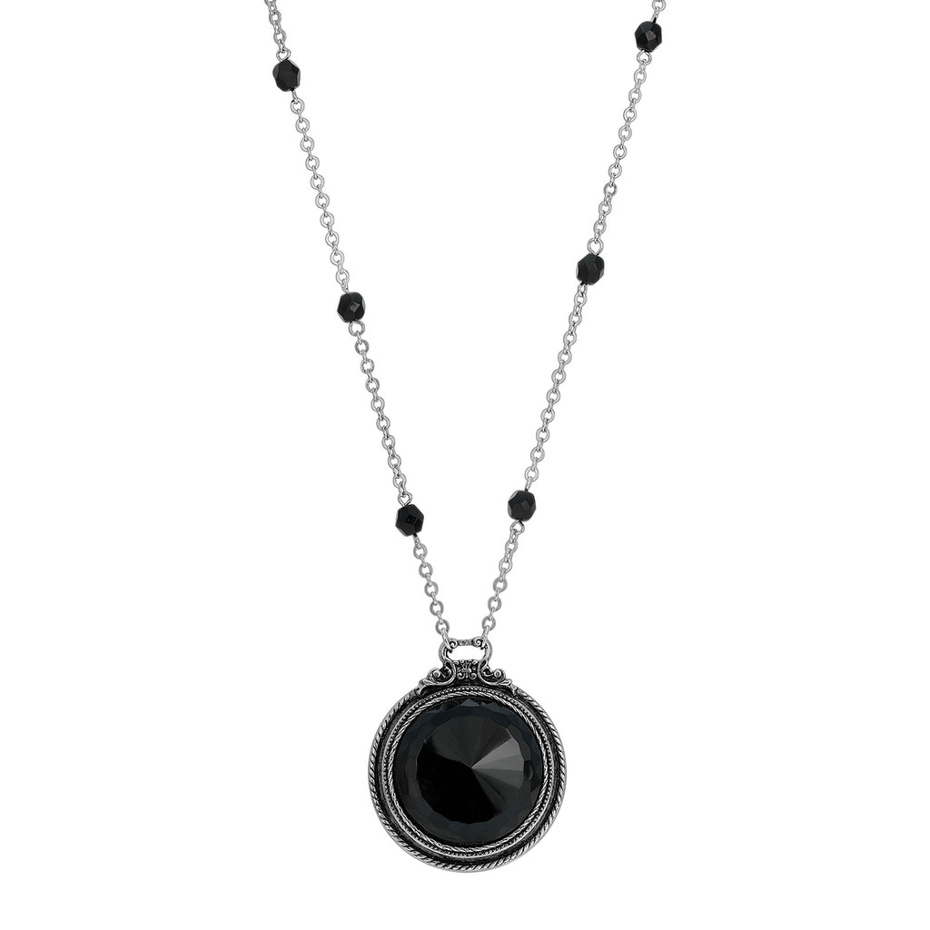 Round Faceted Jet Black Glass Stone Pendant Necklace 30"