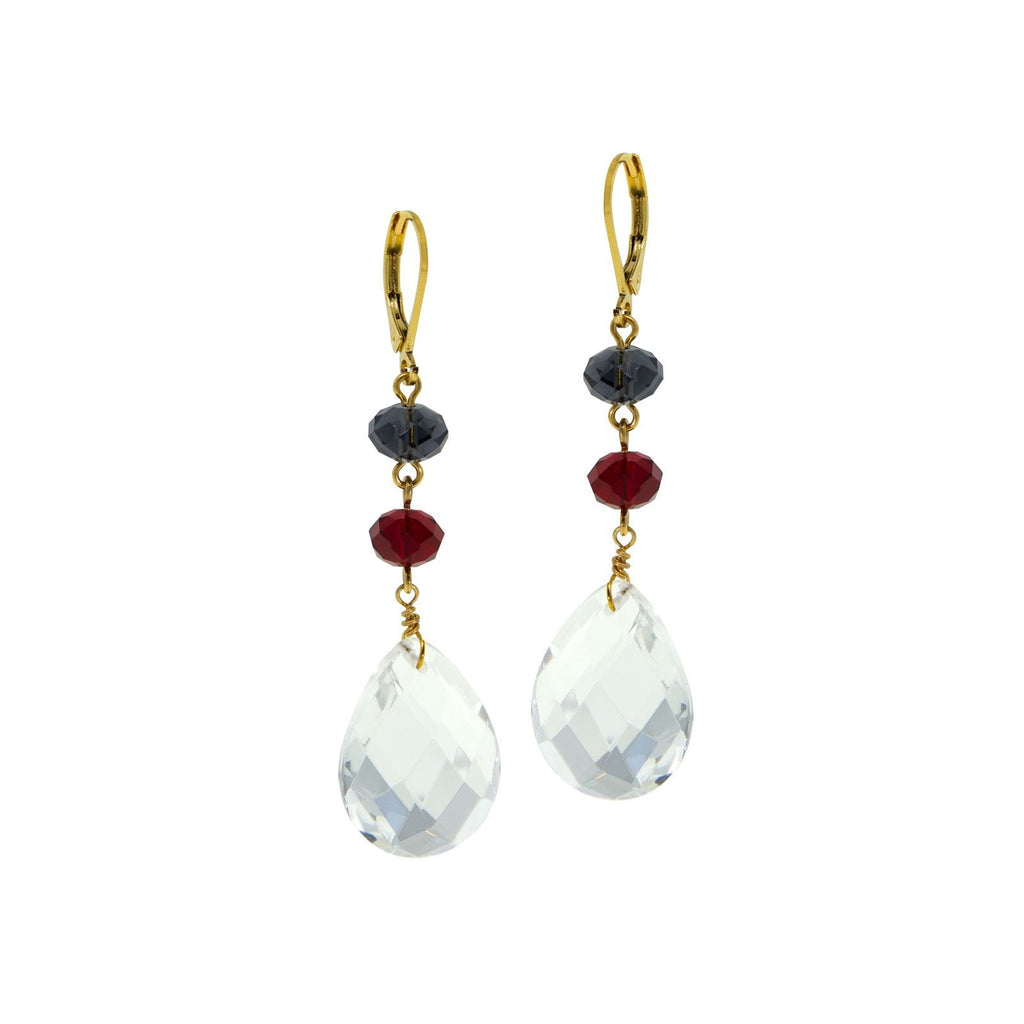 Gold Tone Blue Red Bead Clear Briolette Linear Drop Earring