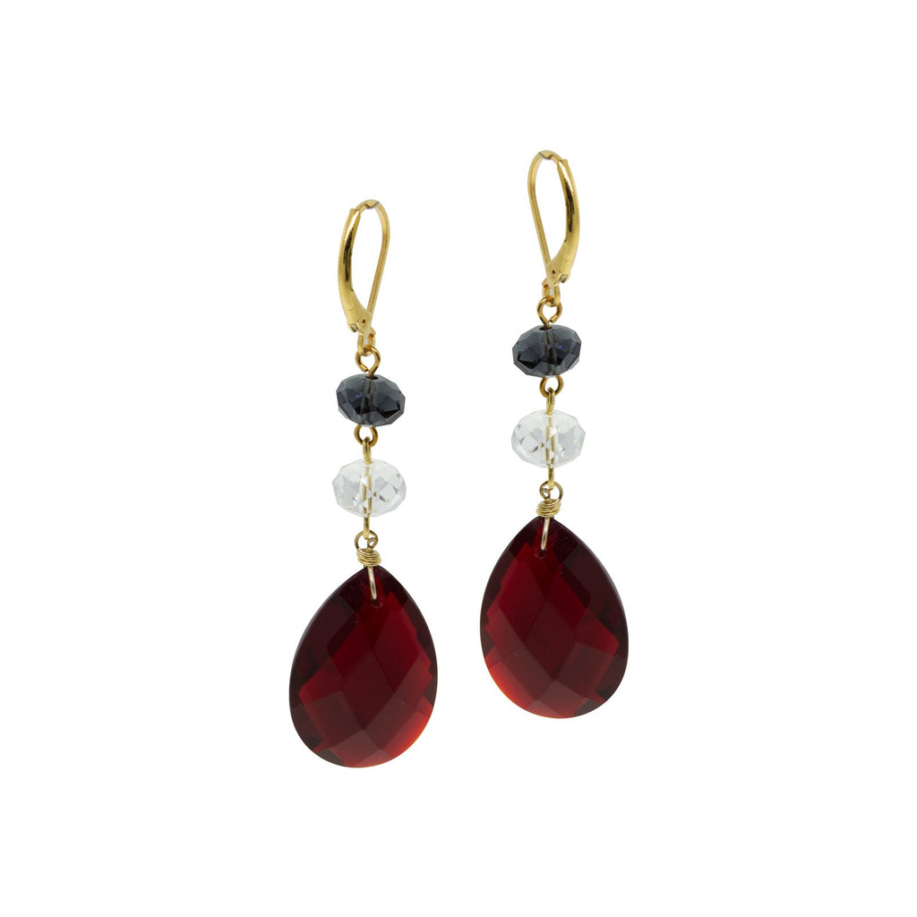 Gold Tone Blue Clear Bead Dark Red Briolette Linear Drop Earring