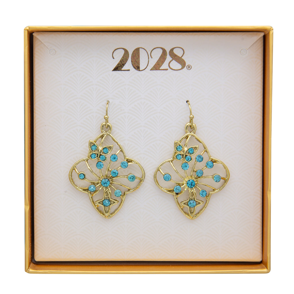 Butterfly & Cross Aqua Crystal Filigree Flower Drop Earrings