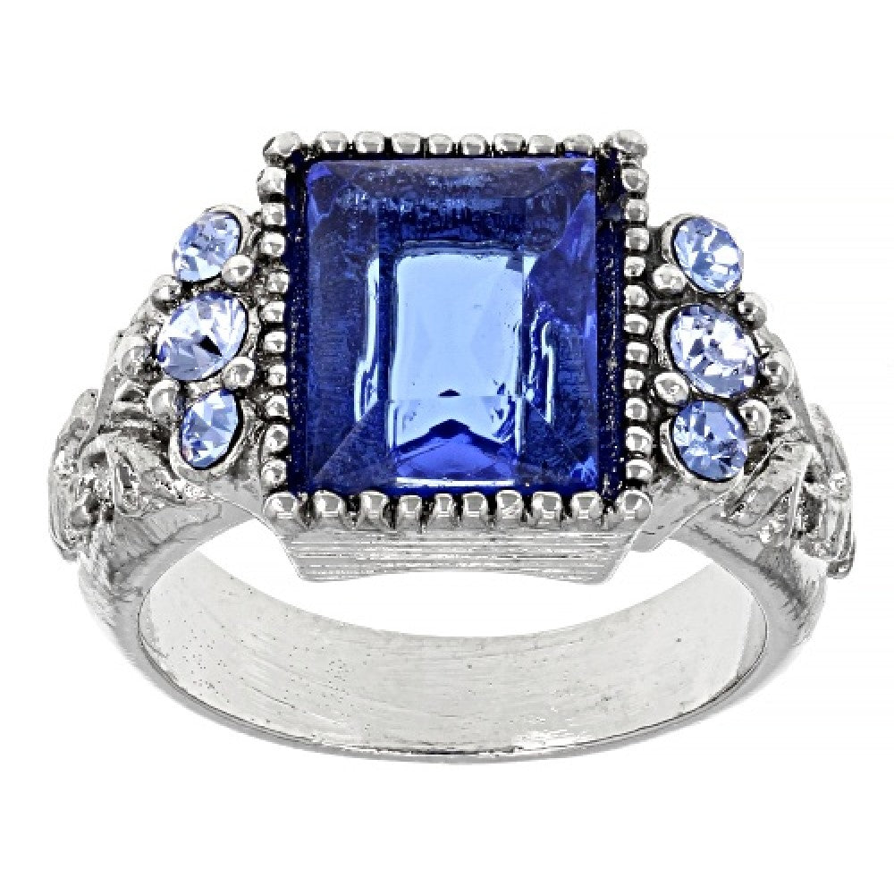 Sapphire Blue German Glass Stone & Crystal Ring