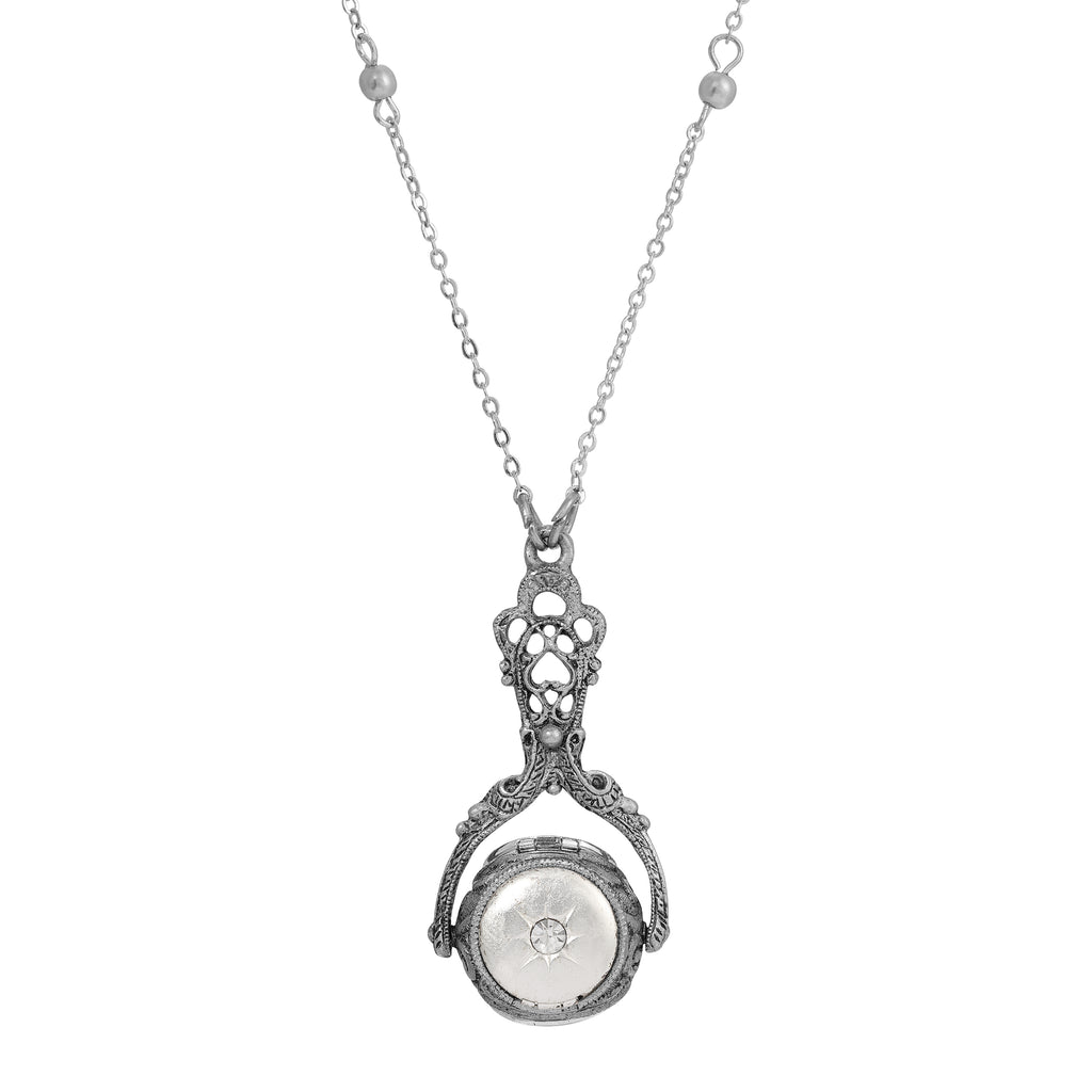 Tri-Locket Floral Harmony Rotating Pendant Faux Pearl Necklace 28"