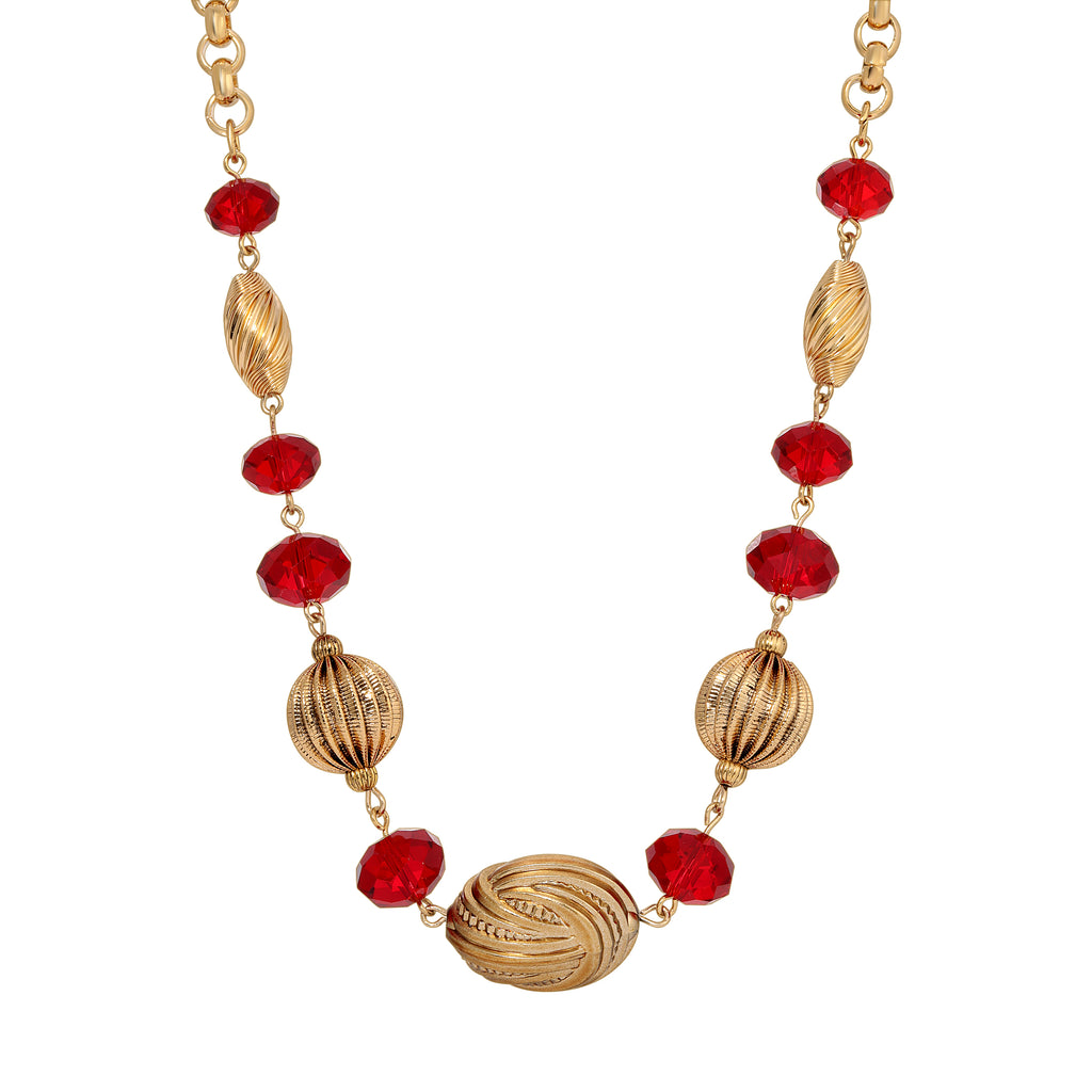 Siam Red Crystal Gold Beaded Necklace 18"