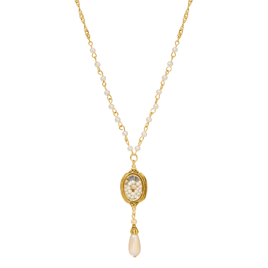 1928 Jewelry Encased Faux Pearls & Teardrop Y Necklace 28"