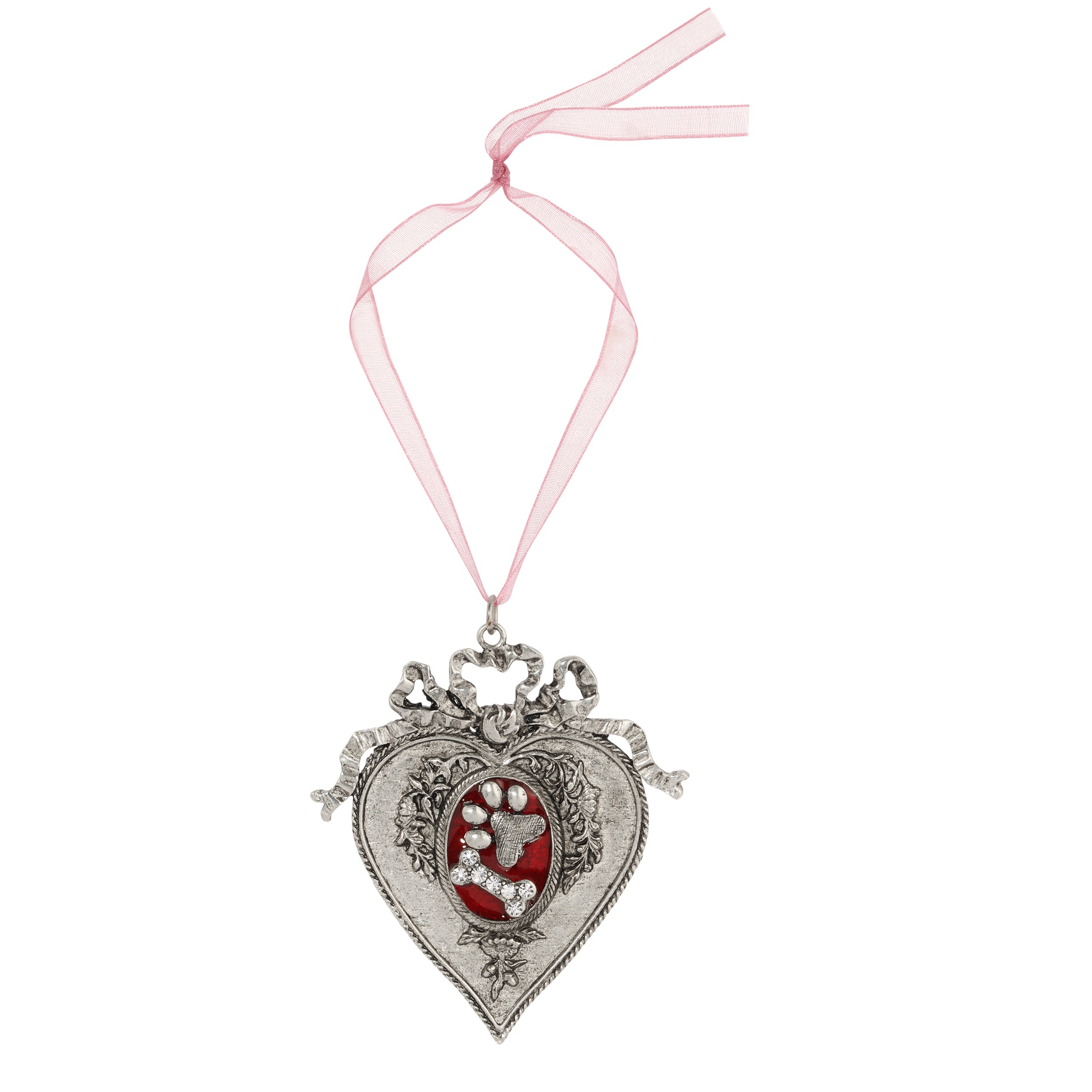 1928 Jewelry Red Enamel Paws And Bones Oak Flower & Vine Pink Ribbon H