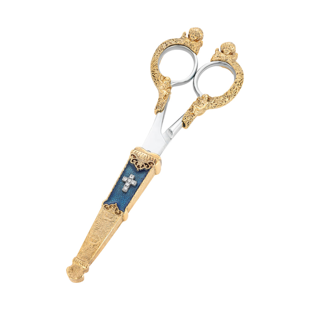 Gold Tone Crystal Cross Green Enamel Scissor Holder With Scissors Blue