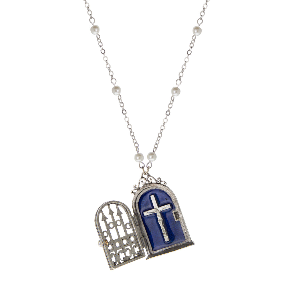 Opened Gate & Crucifix Blue Enamel Reliquary Necklace 24"