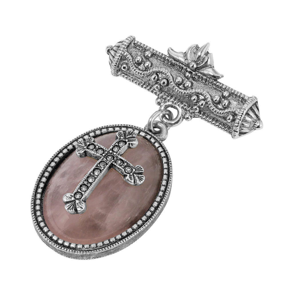 Bar Pin Oval Rose Quartz Cross Brooch