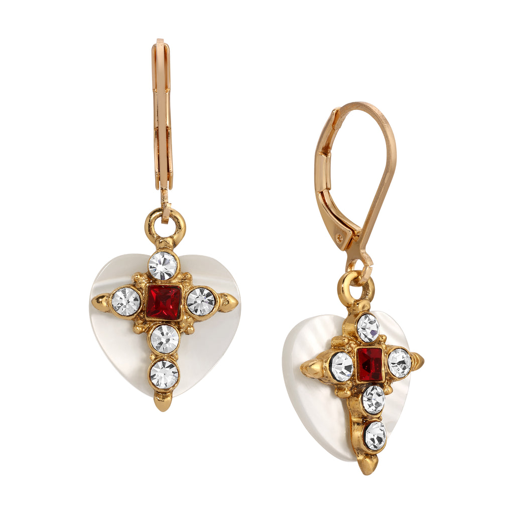 Mother Of Pearl Hearts & Crystals Cross Earrings