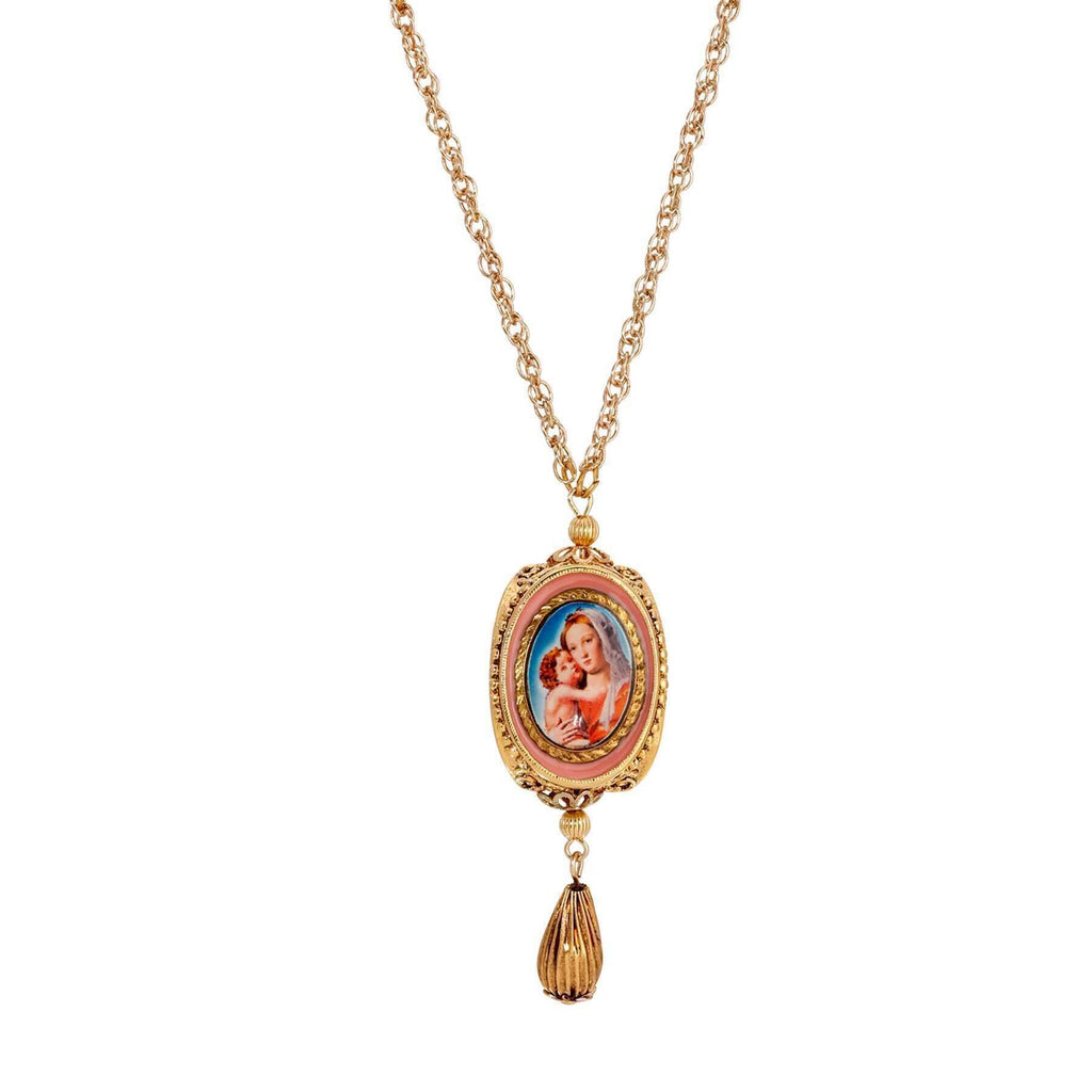 14K Gold Dipped Pink Crystal Lady Guadalupe Decal 28  Spinner Pendant Necklace